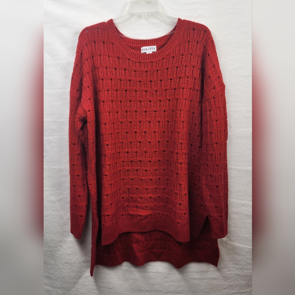 Ava & Viv Women's (Size 2X/Red) Open Knit High-Low Hem Pullover Sweater